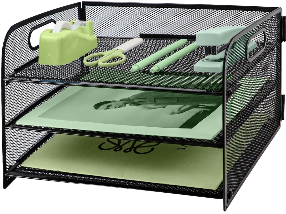 Omgoods - 3 Laags Metalen Mesh Briefbak met Handvat voor Bureau Organisatie