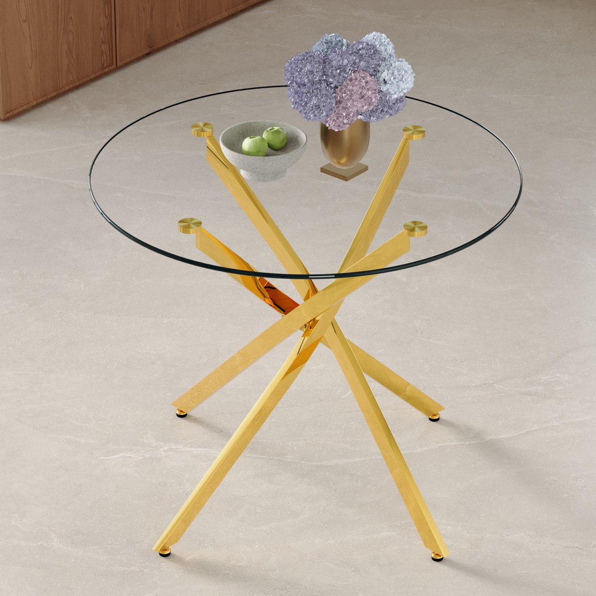 DESMIU Eettafel - Ronde Tafel Van Gehard Glas Voor 2 Tot 4 Personen - Modern Voor Kleine Eethoek En Keuken - Goud Transparant - 88x75 Cm
