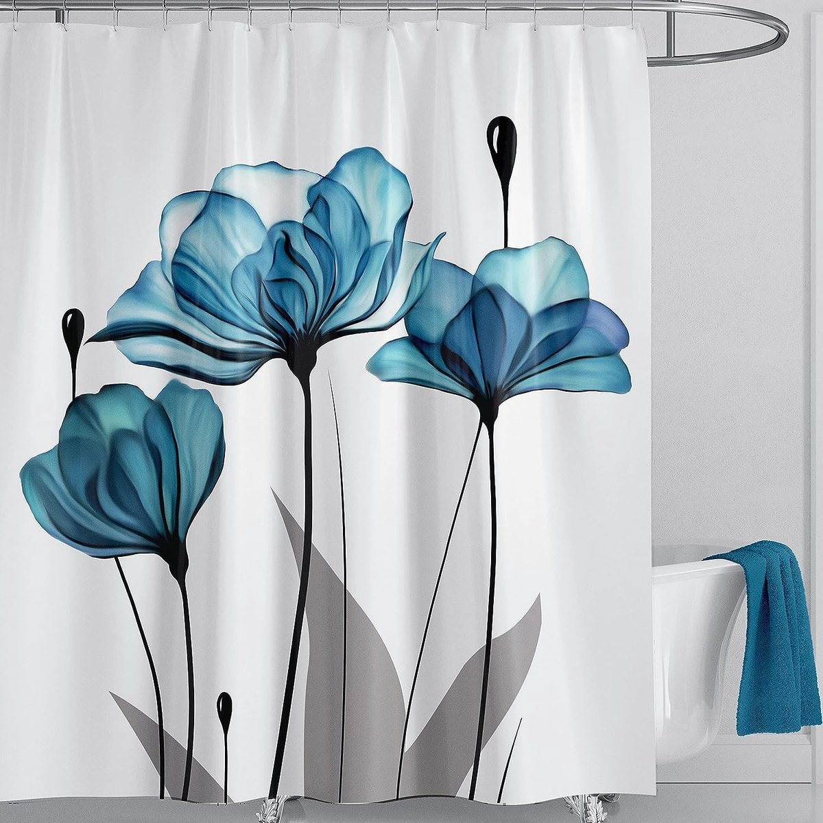 Omgoods - Blauwe Douchegordijn met Bloemen - Water- en Schimmelbestendig