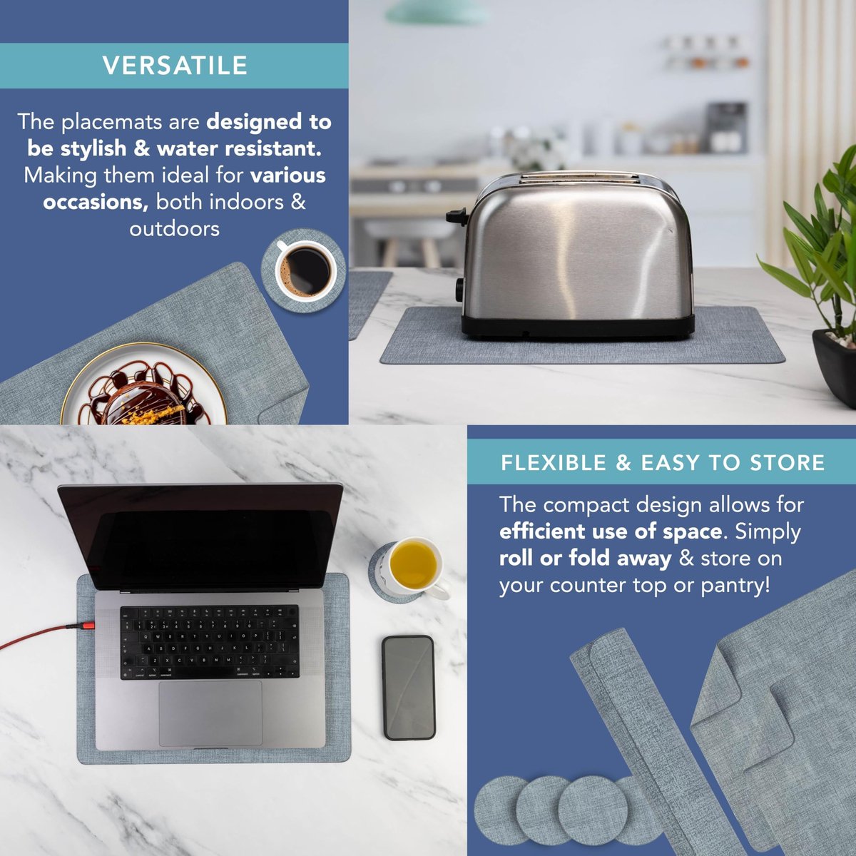 Omgoods - Set van 6 Blauw PU-lederen Placemats en Onderzetters