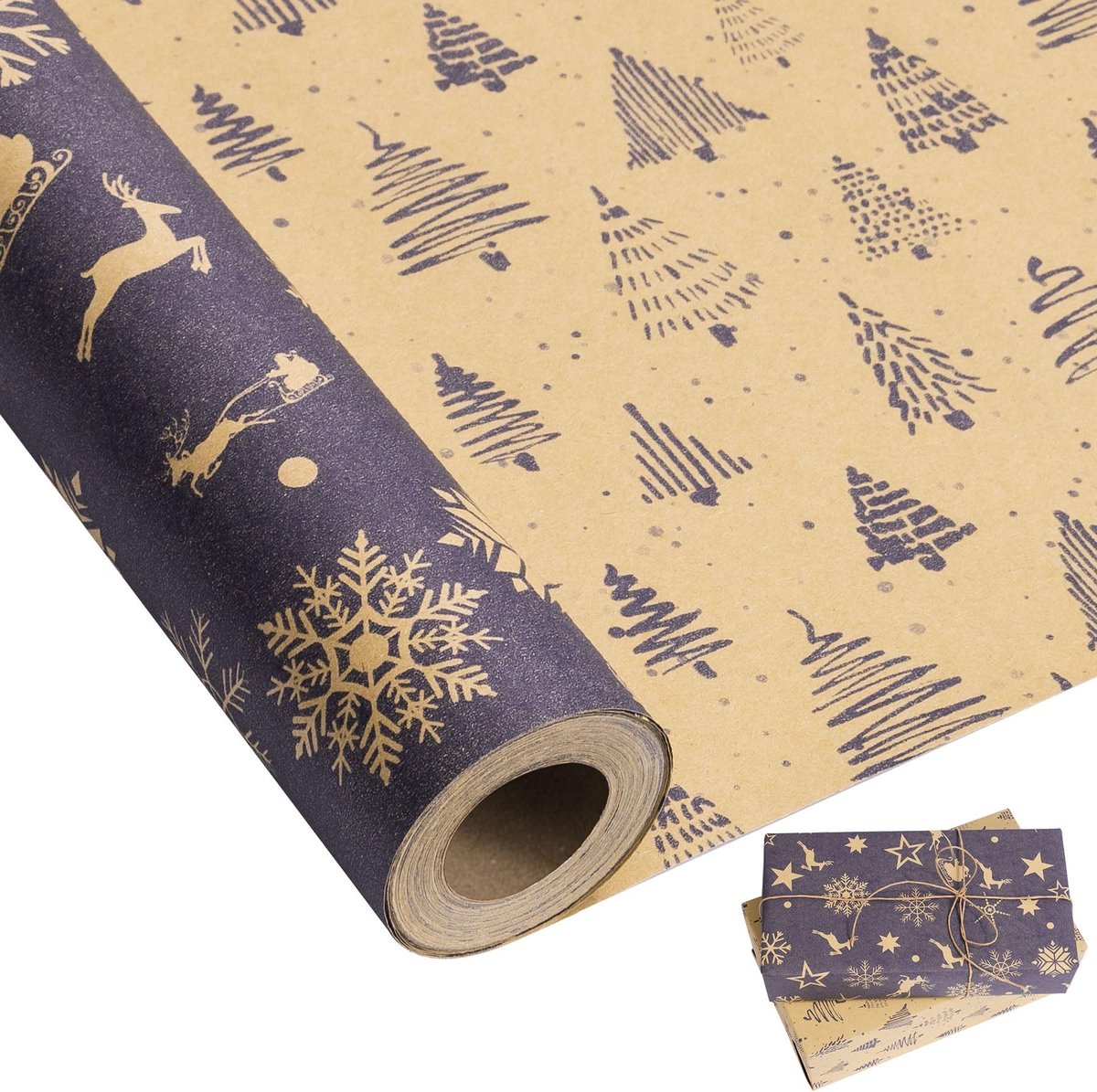 Omgoods - Blauw Kerst Inpakpapier Rol van 10 Meter