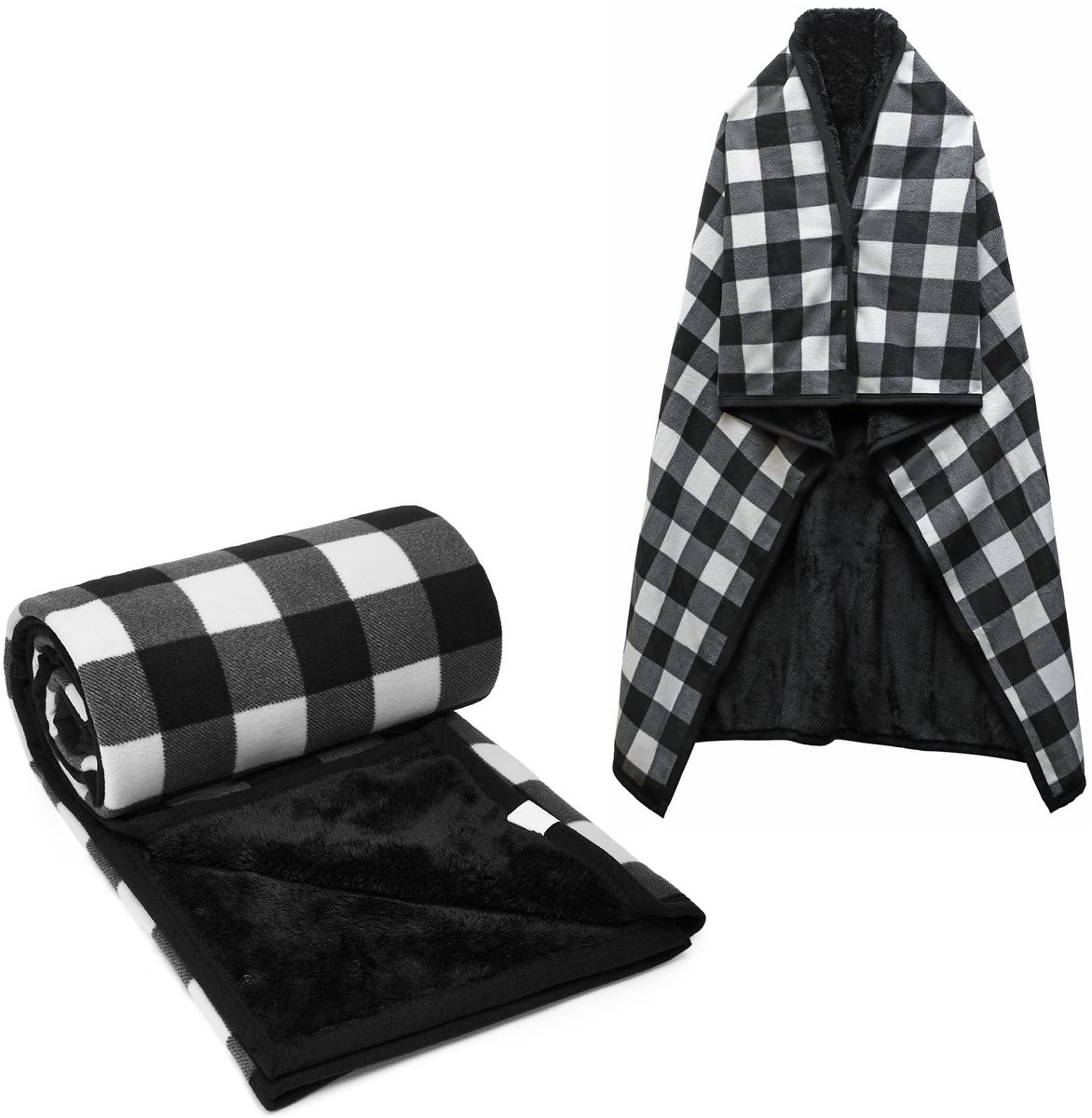 Omgoods - Dames Poncho Fleece Deken met Knopen (Zwart en Wit)