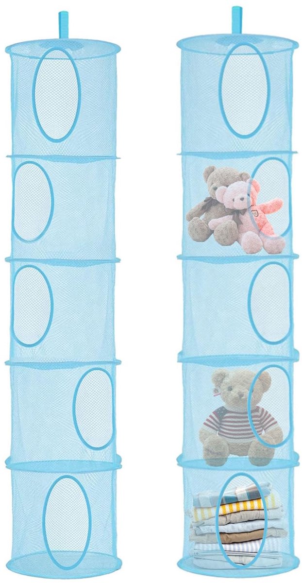 Omgoods- Hangopbergorganizer 2 stuks - Opvouwbare Mand - 5 Vakken - Hangrek - Netopbergtas - Sterk Polyester - Kinderen/Balkon - Opbergmand