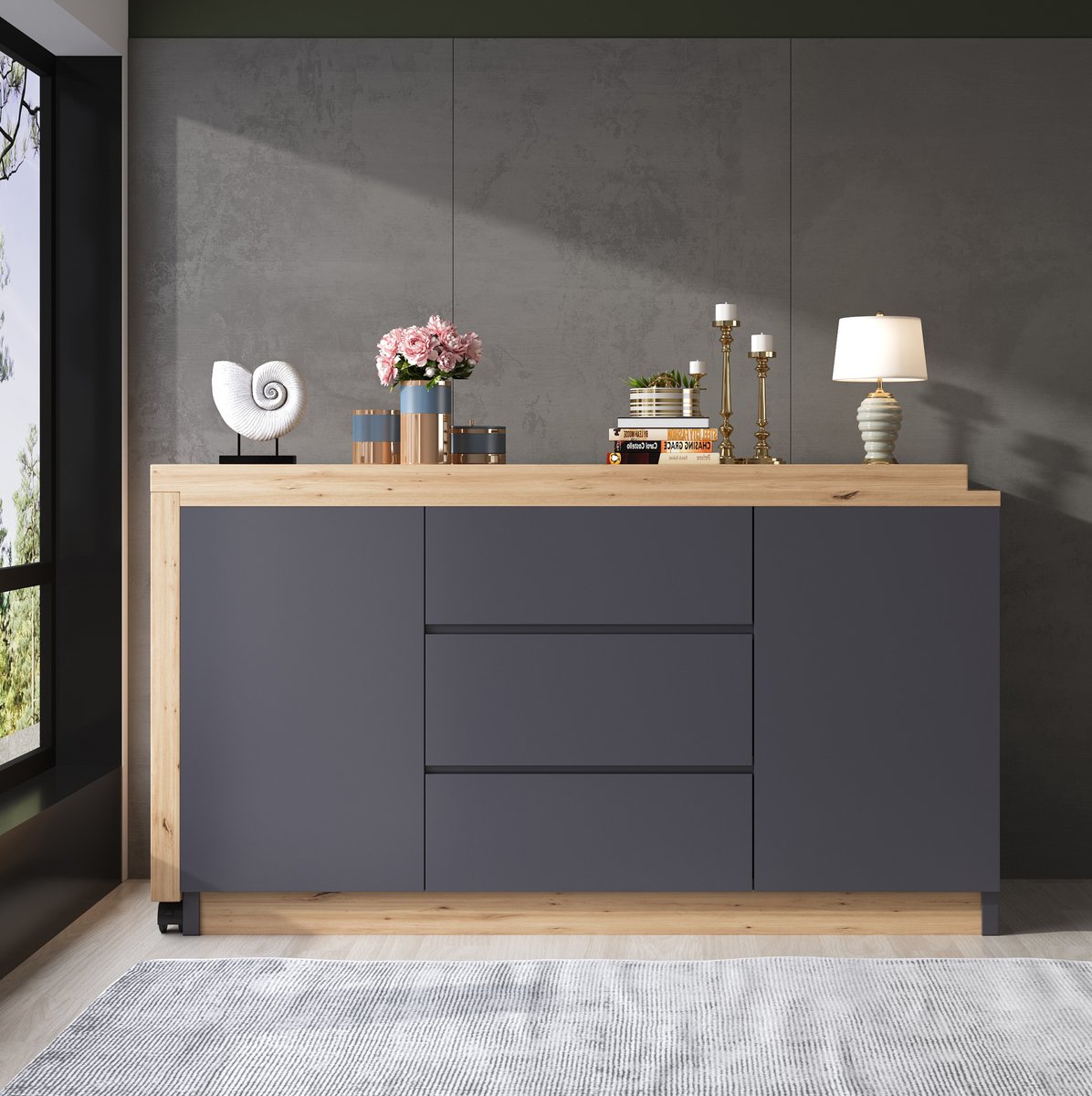 COVREO Bureau 120x50x76,5 cm grijs eiken, spaanplaat met 3 lades