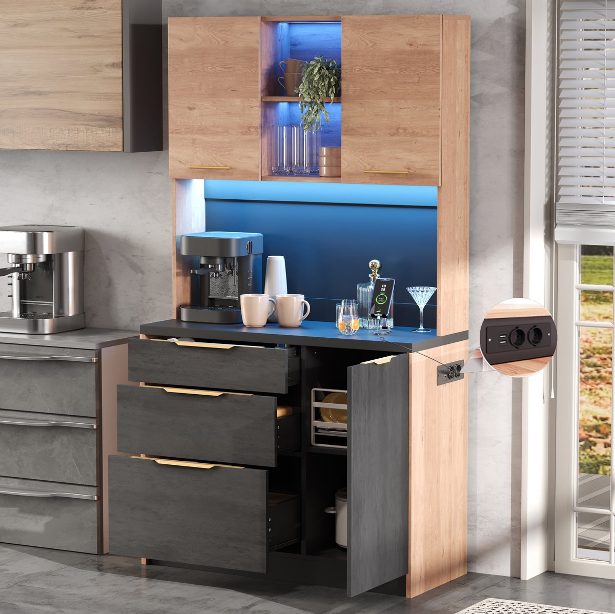 COVREO Keukenkast 100x40x180 cm neutraal, MDF met LED en stopcontact