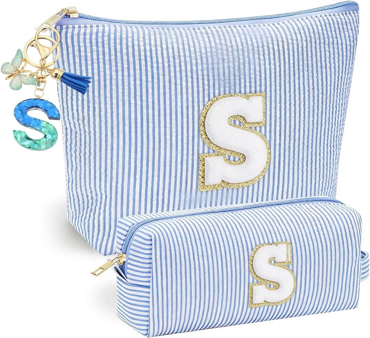 Persoonlijke Make-up Tas in Blauw met Sleutelhanger, Vlinder Kwastje en Initialen - Perfect Cadeau voor Meisjes en Vrouwen