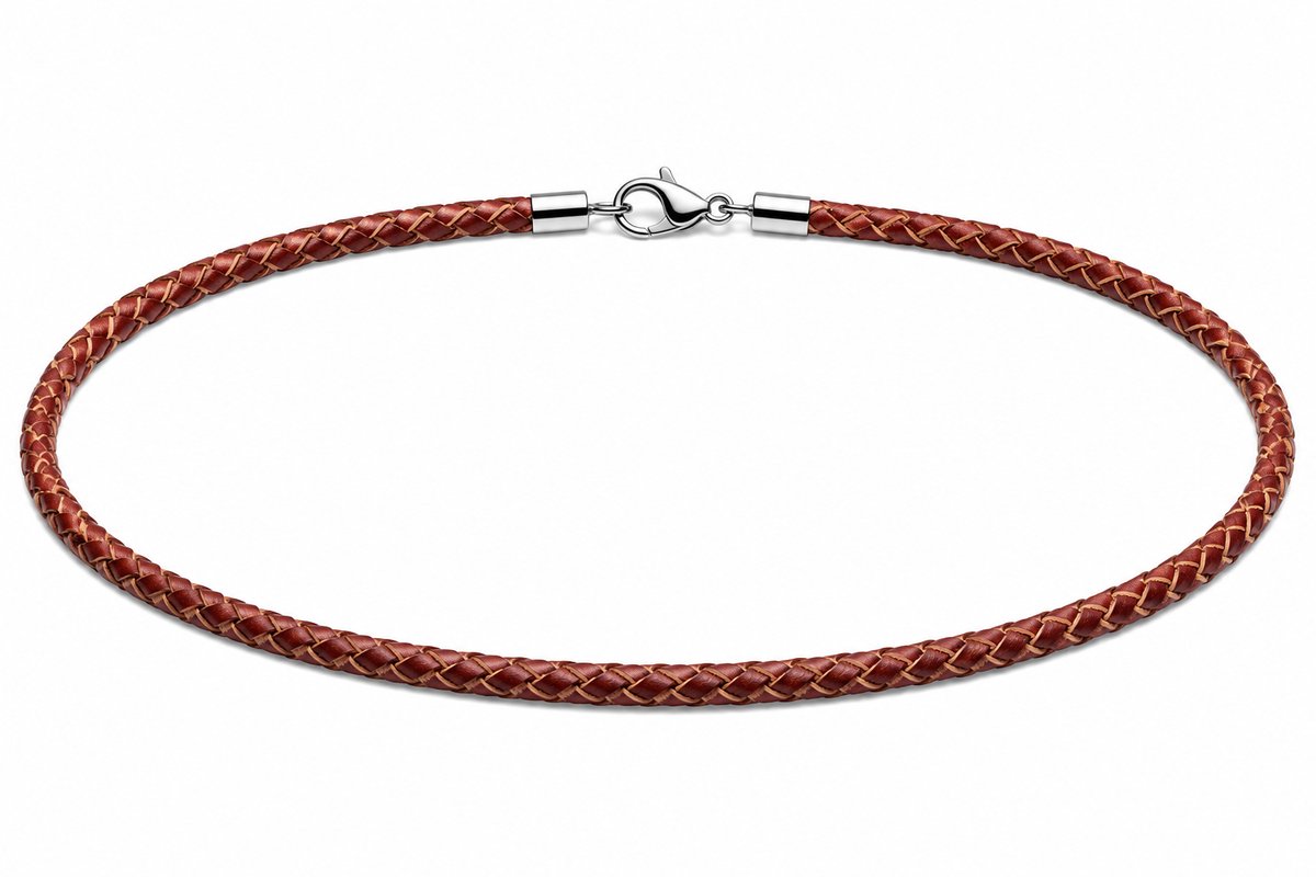 AuBor ®. Gevlochten leren ketting met zilveren sluiting. Rood. 3mm × 50cm