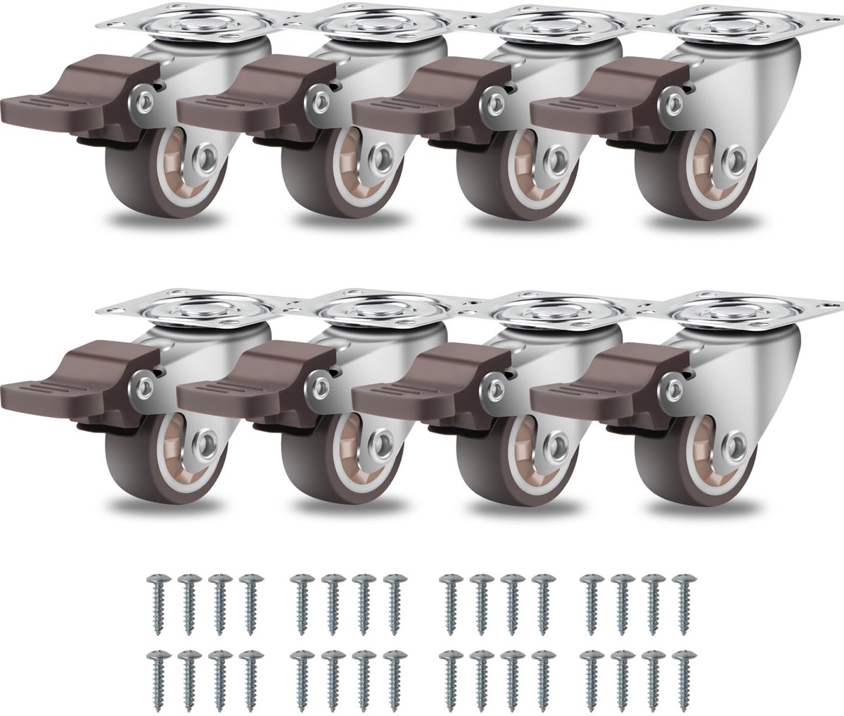 SnelShoppen - Wielen voor meubels met remmen, 25 mm, 360 graden zwenkwielen, geruisloos rubber, 10 kg draagvermogen, set van 8 voor tafel, kast, meube