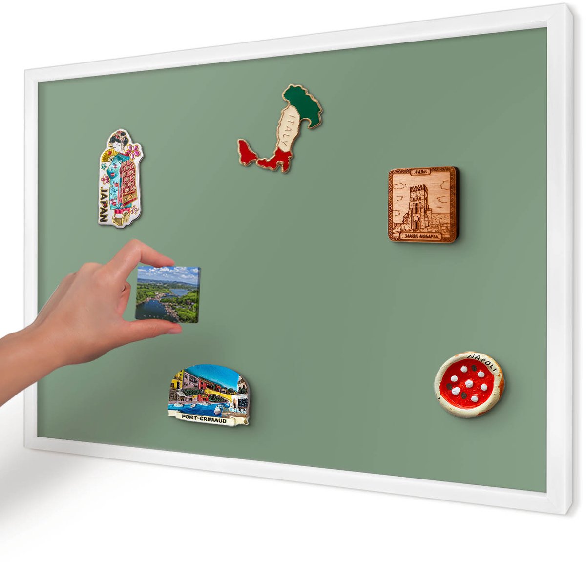 Artprintcave Groente Magneetbord mit Witte Lijst - 60x40 cm - Gedempt Groen Wandbord Magnetisch - Minimalist Magneet Bord mit Frame - Achtergronden En Patronen