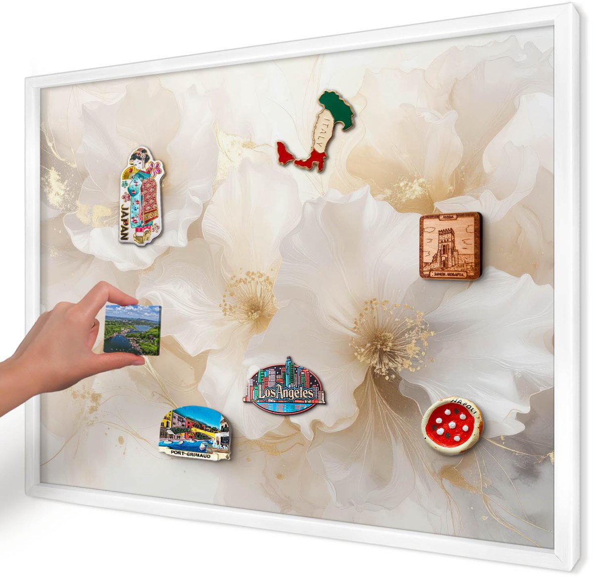 Artprintcave Romig Magneetbord mit Witte Lijst - 70x50 cm - Pastelkleurige Bloemen Magneet Bord mit Frame - Minimalist Wandbord Magnetisch - Bloemen En Planten