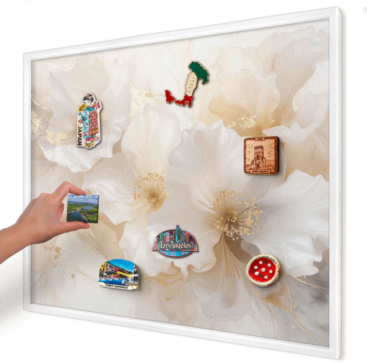 Artprintcave Romig Magneetbord mit Witte Lijst - 80x60 cm - Pastelkleurige Bloemen Magnetisch Bord - Minimalist Magneet Bord mit Frame - Bloemen En Planten