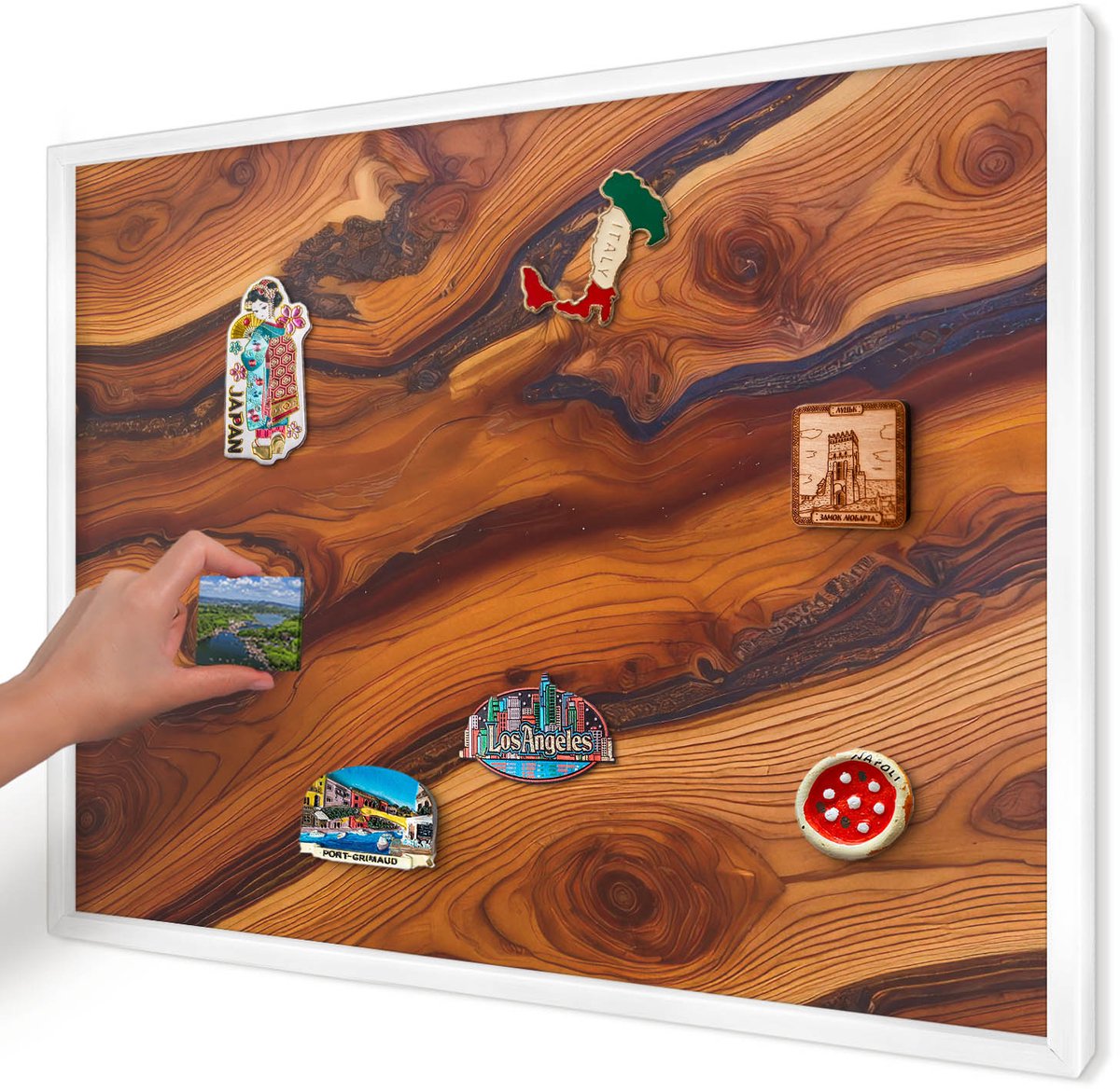 Artprintcave Bruin Magneetbord mit Witte Lijst - 70x50 cm - Houten Ringen Memobord Keuken - Rustiek Magnetisch Bord Voor Magneten - Texturen