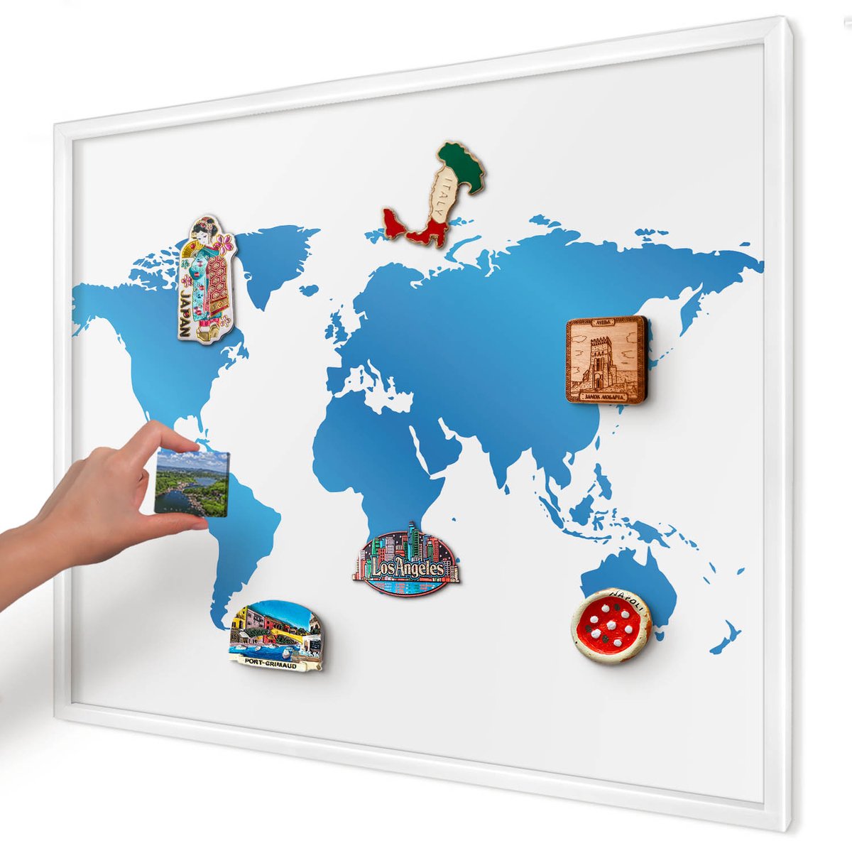 Artprintcave Blauw Magneetbord mit Witte Lijst - 80x60 cm - Wereldkaart Magnetisch Bord Voor Magneten - Modern Magnetisch Bord - Kaarten