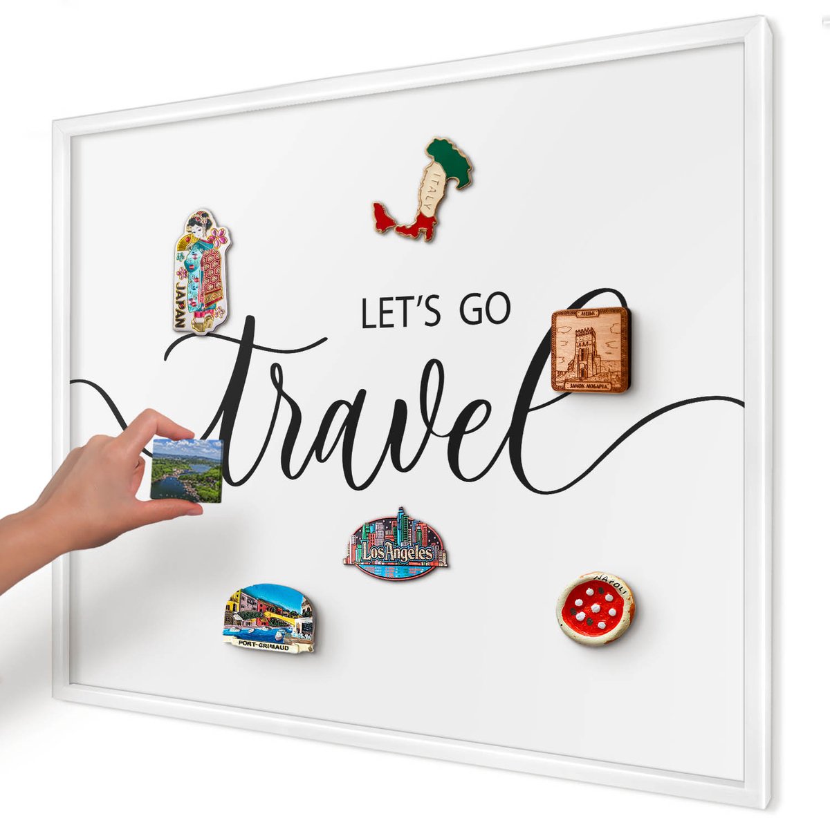 Artprintcave Zwart Magneetbord mit Witte Lijst - 80x60 cm - Laten We Samen Op Reis Gaan Magnetische Organizer - Typografisch Notitiebord - Teksten