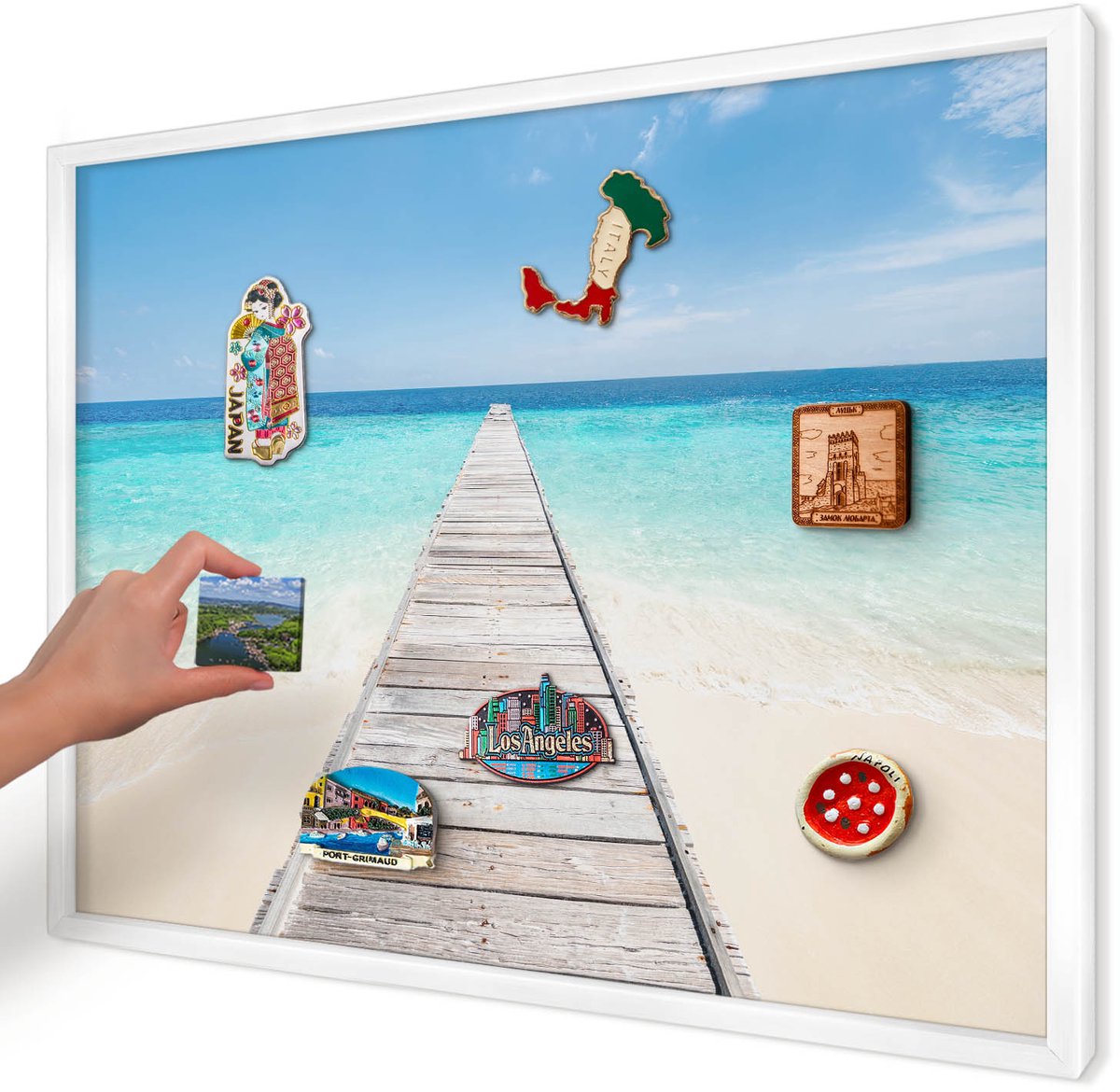 Artprintcave Blauw Magneetbord mit Witte Lijst - 70x50 cm - Ocean Pier Magnetisch Bord Voor Magneten - Minimalist Memobord Keuken - Landschappen