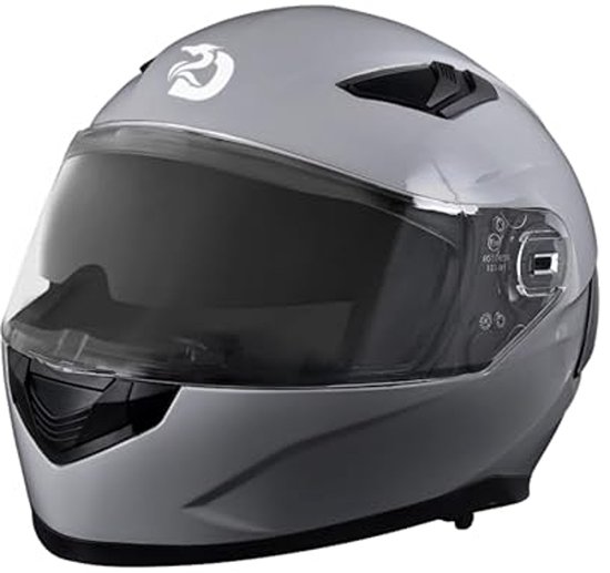 Glanzend grijze integraalhelm met donker vizier en DAWNRISE logo op de voorkant.