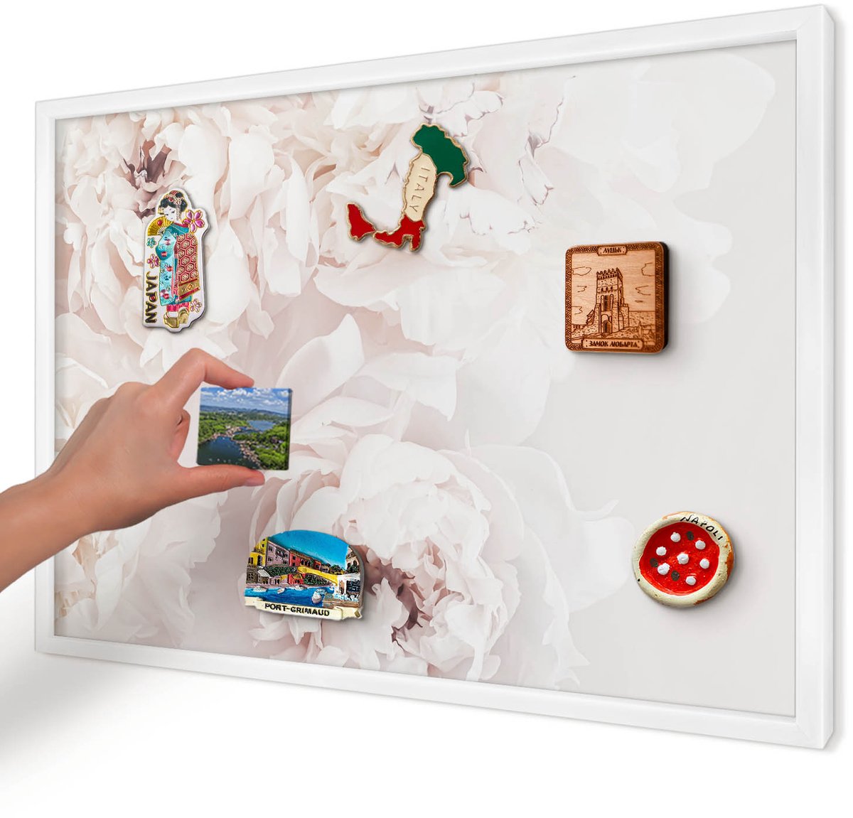 Artprintcave Wit Magneetbord mit Witte Lijst - 60x40 cm - Witte Pioenrozen Wandbord Magnetisch - Minimalist Magnetisch Bord Voor Magneten - Bloemen En Planten