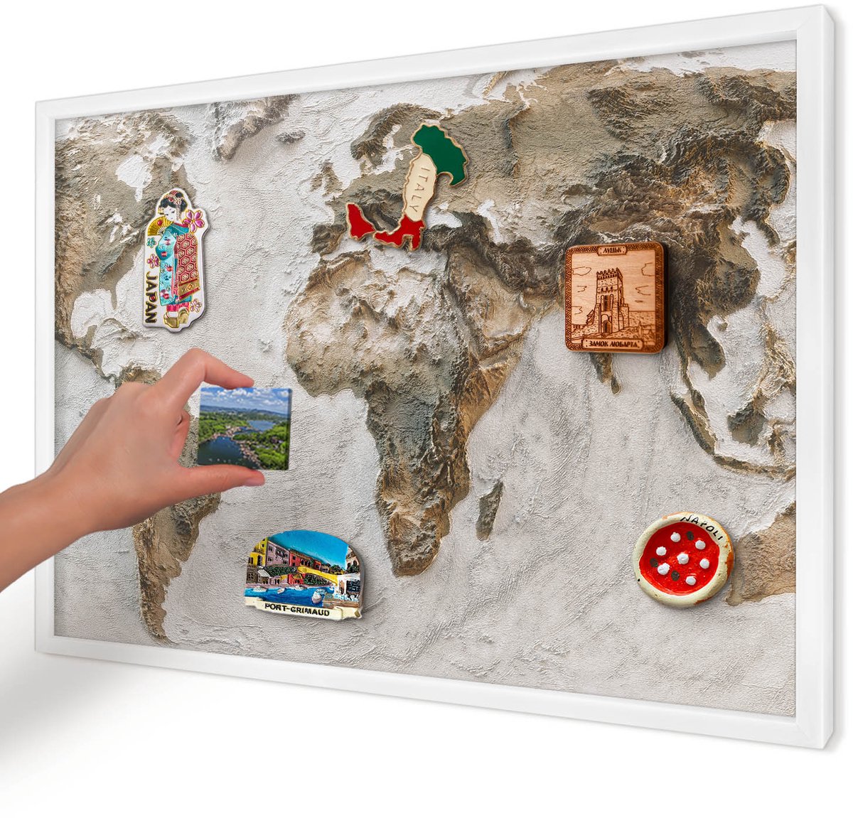 Artprintcave Beige Magneetbord mit Witte Lijst - 60x40 cm - Reliëfkaart Notitiebord - Realistisch Magneetbord Voor Keuken - Kaarten