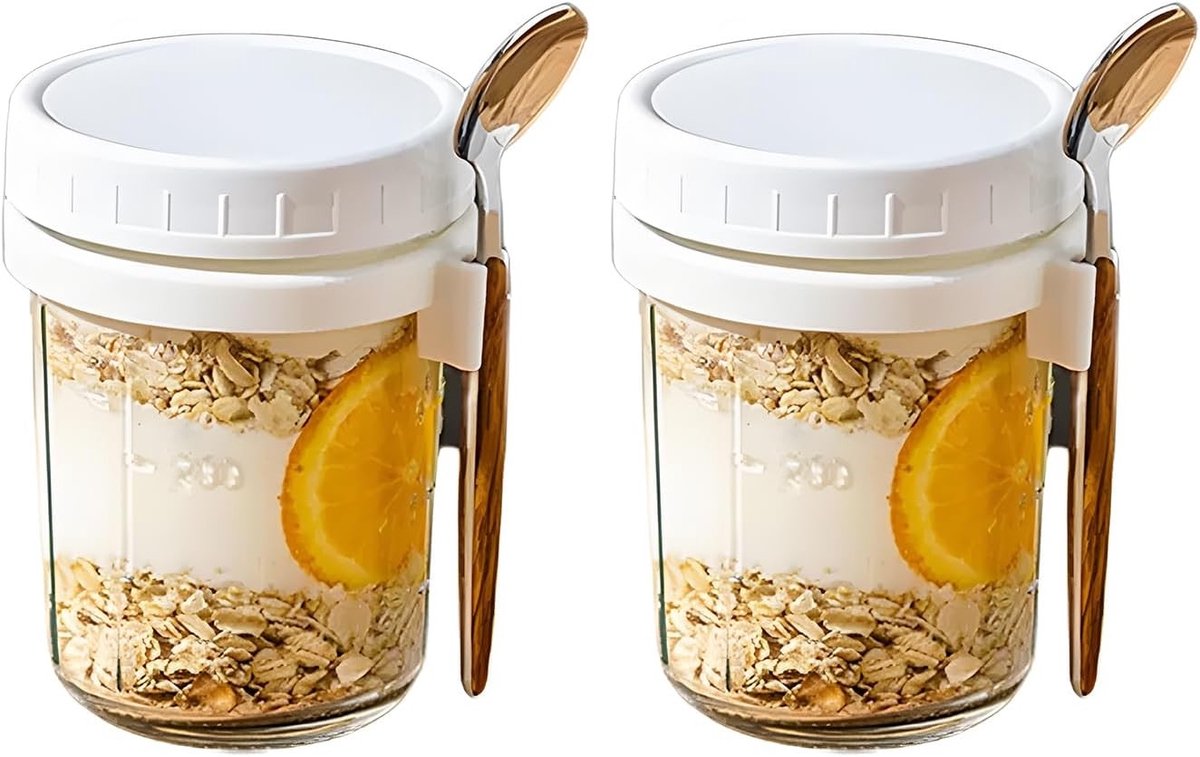 Overnight Oats Container - Wit - Luchtdichte Potten - Met Deksel en Lepel - Voor Ontbijt en Opslag