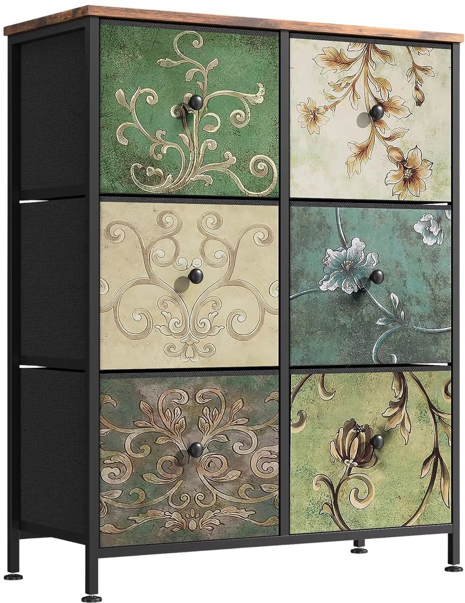 Ladekast met Metalen Frame en 6 Lades - Vintage Opbergkast met Patroonstof Lades - Metaal en Stof - voor Woonkamer en Slaapkamer
