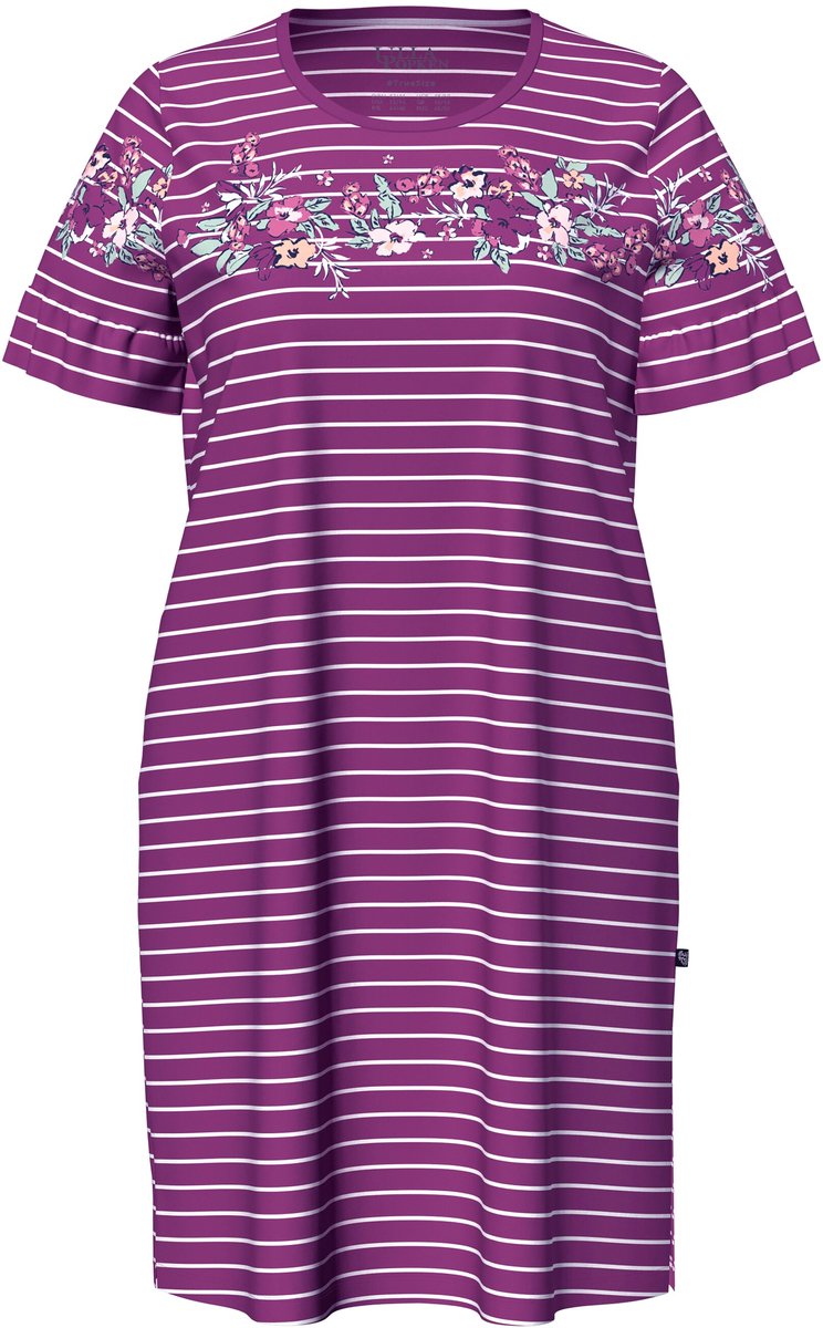 Ulla Popken - Dames - Bigshirt bloemenstrepen ronde hals korte mouwen met volant - Bes - Maat 54+