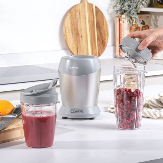 Salter Aspen NutriPro-blender - compacte persoonlijke blender, mini-smoothiemaker, blenderkan van 1 liter met opbergdeksel, drinkbeker van 800 ml, afneembaar mes met 6 vleugels, BPA-vrij, 1000 W, zilver van Salter — afbeelding 3