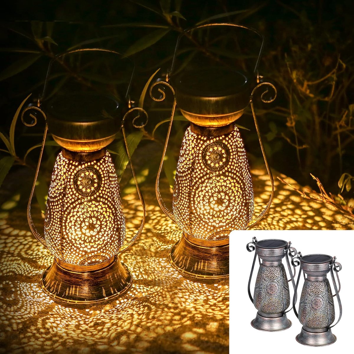SnelShoppen - Solar Lantaarns Buiten, Set van 2, IP44 Waterdicht Metaal, Oosterse Warm Witte LED Lichten voor Tuin, Balkon, Vintage Decoratie