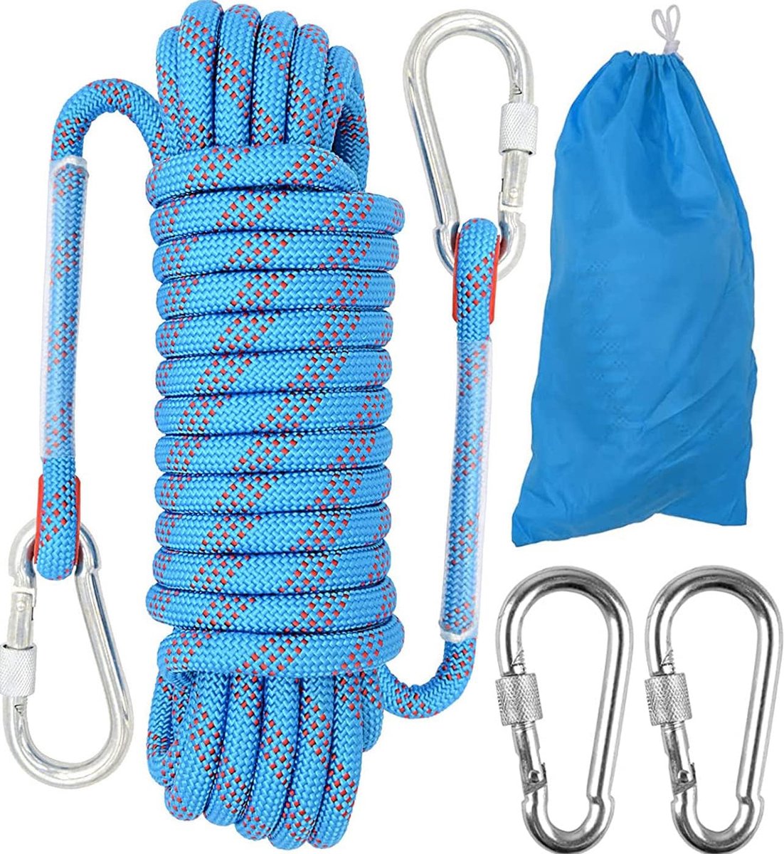 SnelShoppen - Klimtouw 10 mm - Outdoor Veiligheidskabel - Nylon - Statisch Klimtouw - Reddingstouw - Inclusief 2 Karabiners - Voor Luchtwerk, Brandlad