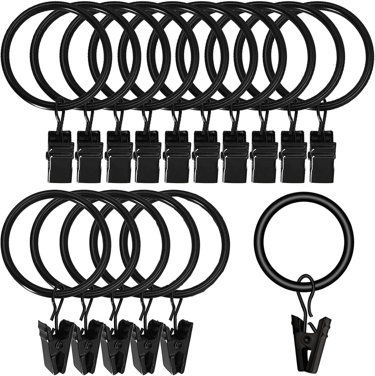 SnelShoppen - 40 Stuks Gordijnringen Set met Douche Gordijn Clips, Zwarte Metaalringen, RVS Ringen voor Stang met Diameter, Perfect voor Thuisgebruik
