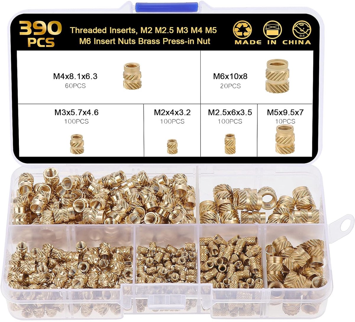 SHEENO 390PCS Female Thread Knurled Nuts, Threaded Inserts, M2 M2.5 M3 M4 M5 M6 Insert Nuts Brass Threaded Bushings - ShopVlot