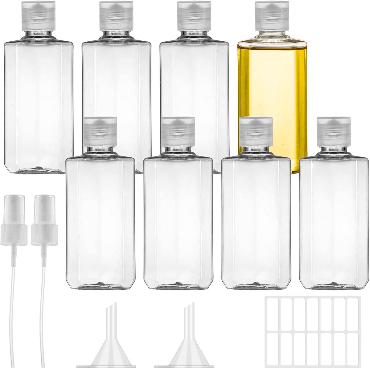 SnelShoppen - 8 Stuks 100ml Reisflessen Set, Plastic Fles met Flipdop, Transparante Lege Cosmetische Reiscontainer met Sprinkler, Trechter en Label vo