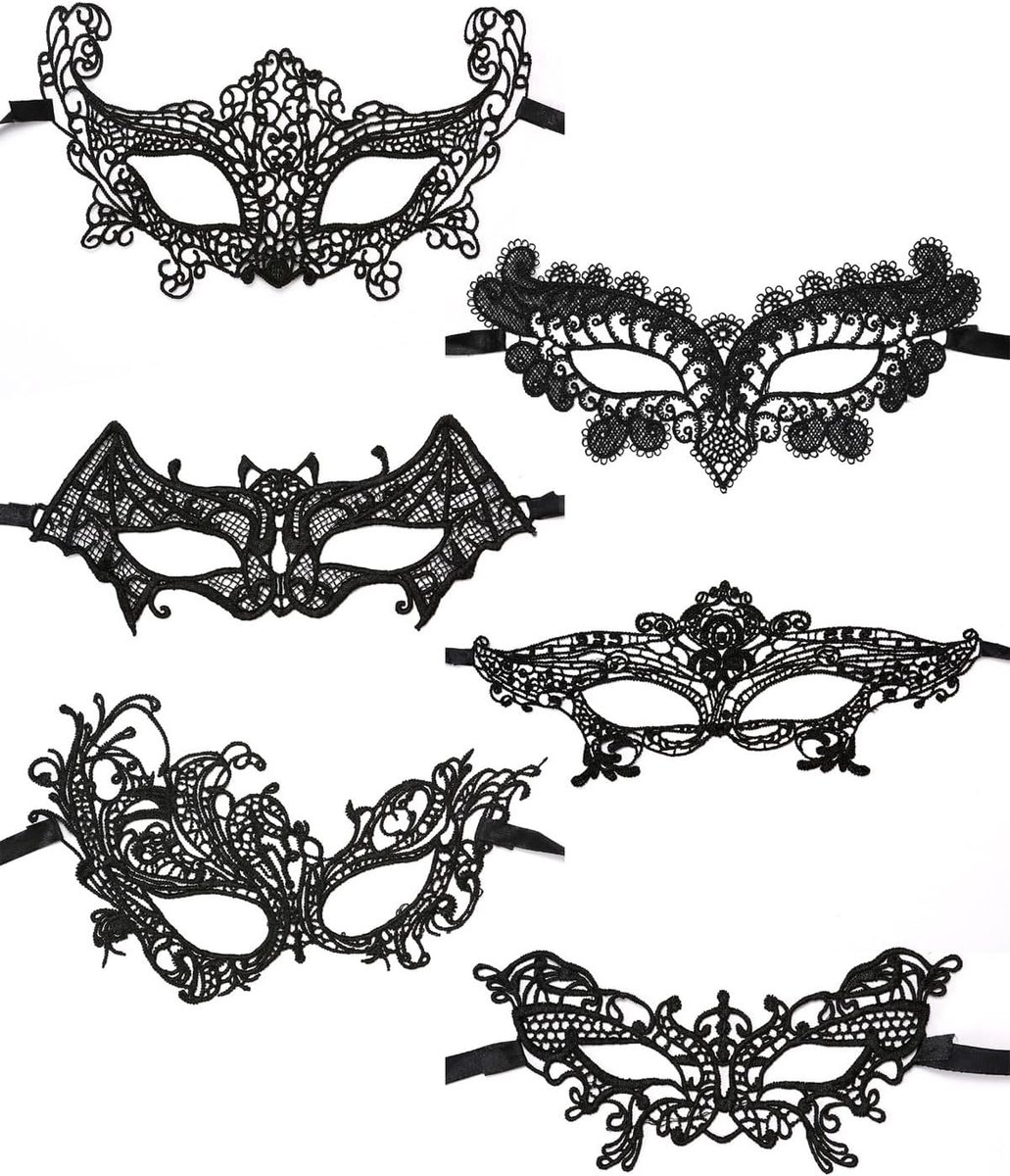 SnelShoppen - 6 stuks Venetiaans masker set, gemaskerd bal, zwarte oogmaskers van kant, sexy carnavalsmaskers voor dames, elegant balmasker voor feest