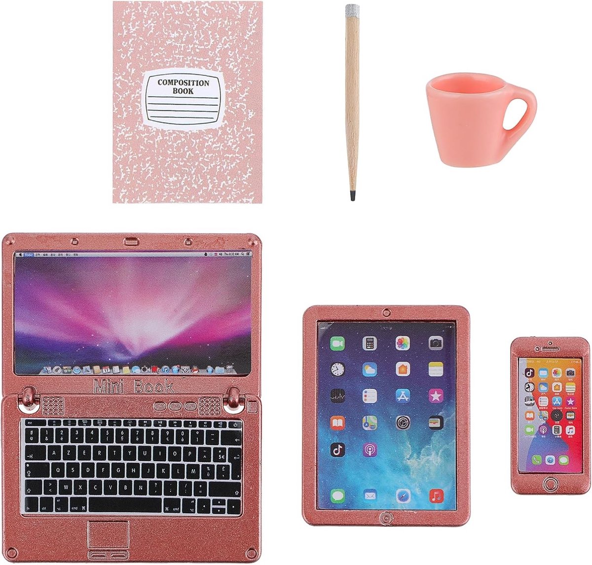 Miniatuur Laptop Set voor Poppenhuis - 6 Delige Decoratie met Tablet en Computer (Roze) - Perfecte Accessoires voor Poppenhuis Meubels