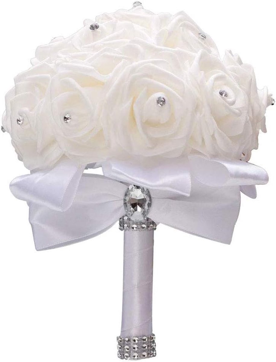 SnelShoppen - Kunstbloemen Rozen met Honor Parels, Witte Zijde Boeket voor Bruiloft, Feest, Decoratie, Satin Lint, Rhinestones, Perfect voor Thuis, Ta