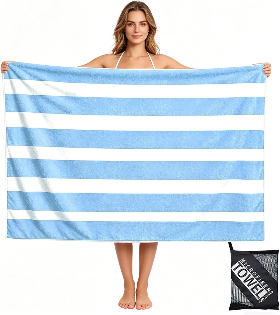 SnelShoppen - Grote Strandhanddoek Lichtblauwe Strepen 90x160 cm - Zachte Badstof, Perfect voor Strand, Zwembad, Vakantie, Zomer, Unisex, Ideaal voor