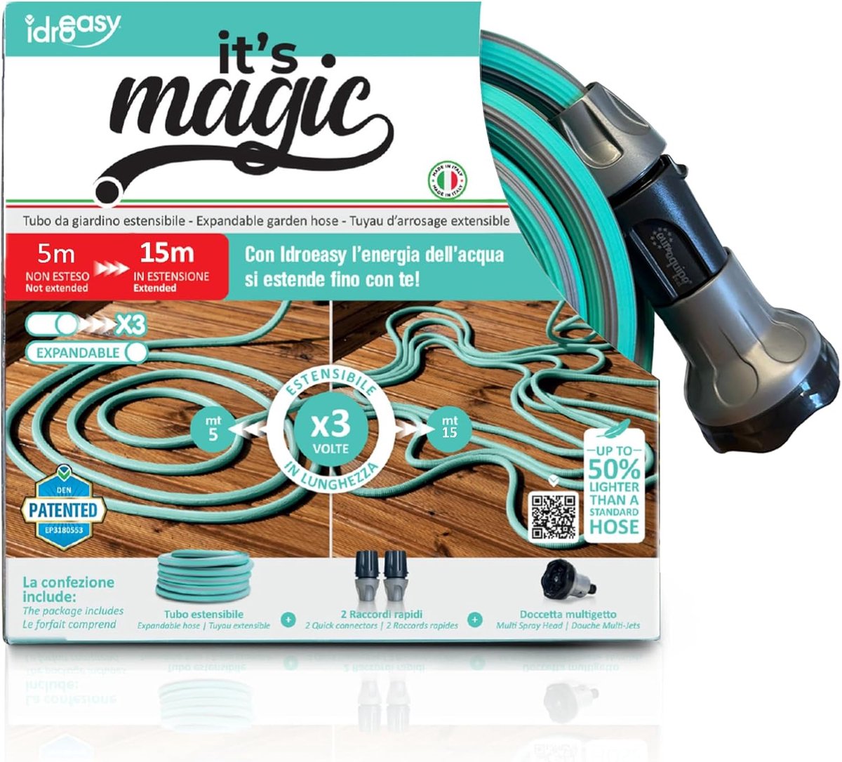 SnelShoppen - Idroeasy AR2720 Multi-Colour Waterdichte Tuinslang met Verstelbare Spuitkop, 20 Meter, Perfect voor Tuin, Camping en Schoonmaken