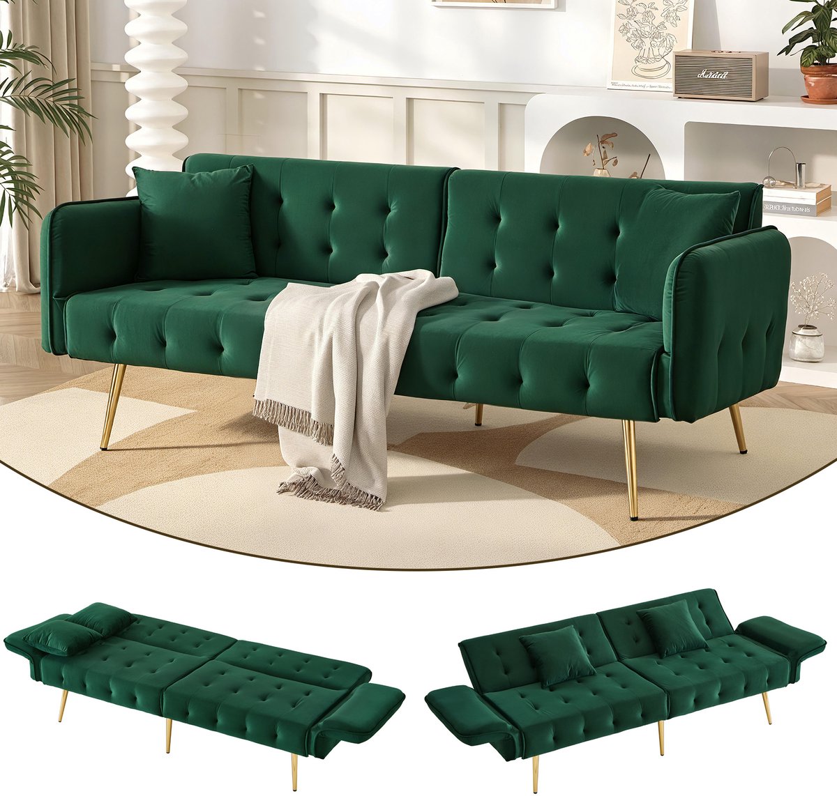COVREO Slaapbank 178x82x70 cm groen, fluweel met verstelbare armleuningen