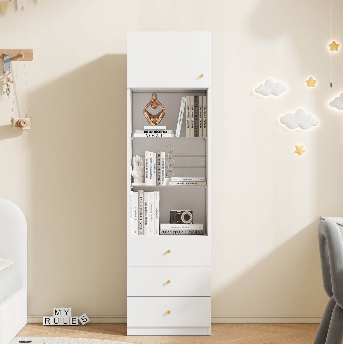 COVREO Vitrinekast 50 x 40 x 180 cm wit, MDF en glas met verstelbare planken