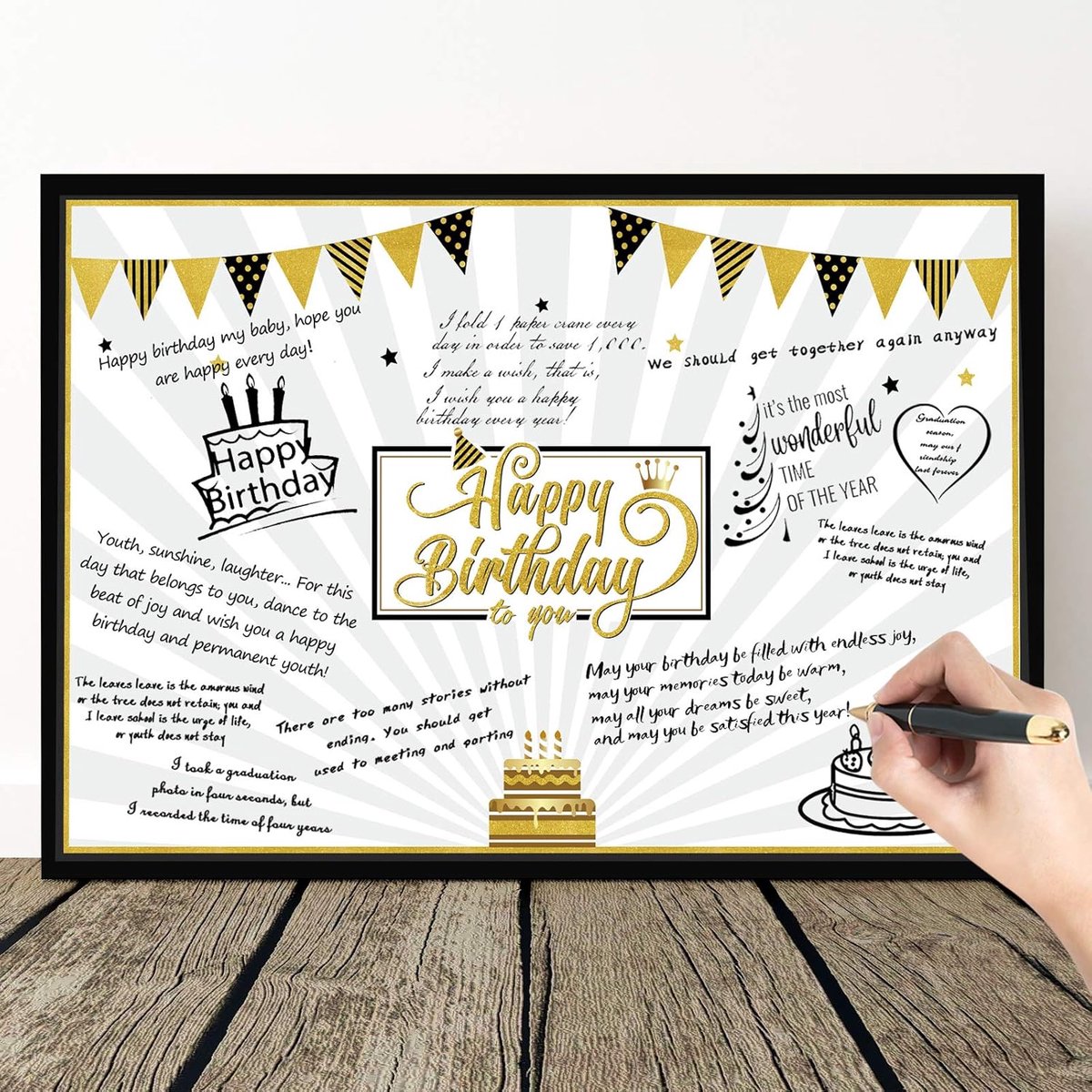 Verjaardagskaart met zwarte en gouden ballonnen - dubbelzijdig - feestelijke motieven - alternatief gastenboek - ShopVlot