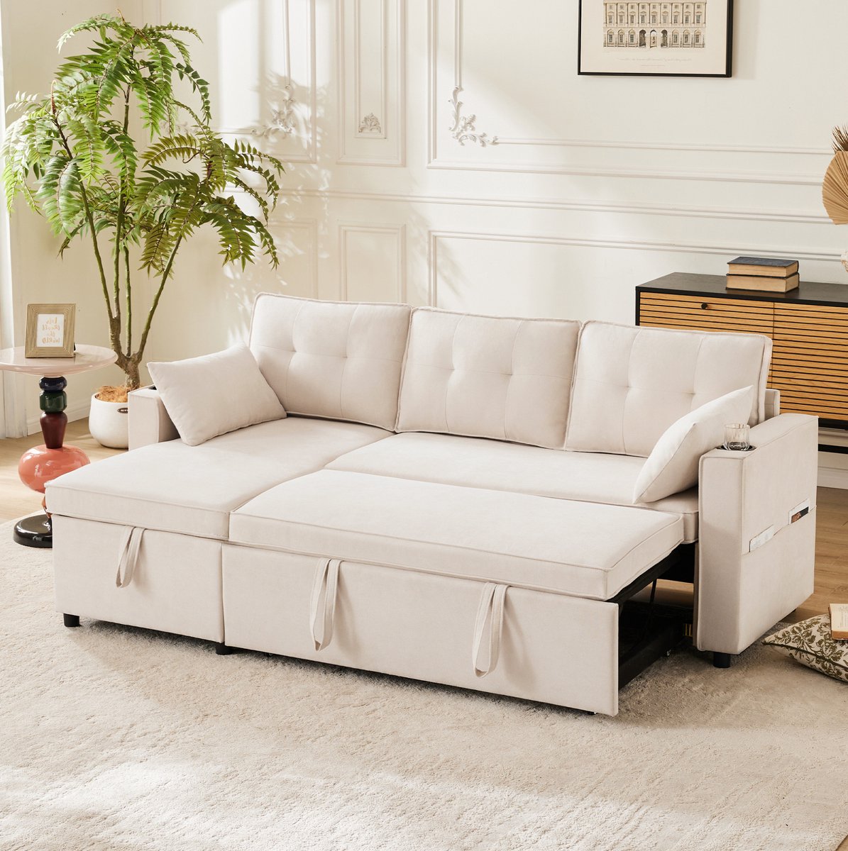 COVREO Slaapbank 211x130x86 cm beige, katoen en linnen met opbergruimte