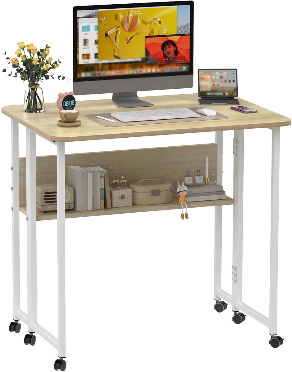 PIPIPOXER Bureau - Opklapbaar bureau - Werktafel in Rustieke Houtlook - computerbureau op wielen - opklapbare tafels voor thuiskantoor, slaapkamer, woonkamer - met opbergvak - 80 x 58 x 75 cm-Witte esdoorn