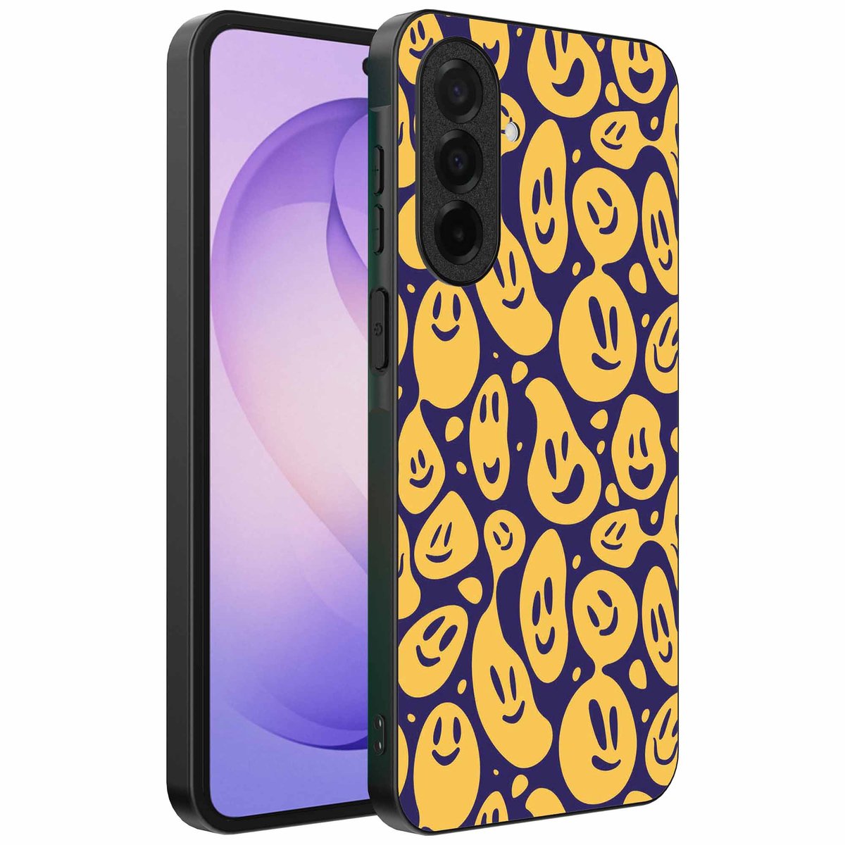 Geschikt voor Samsung Galaxy S26 Telefoonhoesje met smiley opdruk - TPU backcover case emoji design - Paars Geel - Smartphonica geschikt voor Samsung Galaxy S26