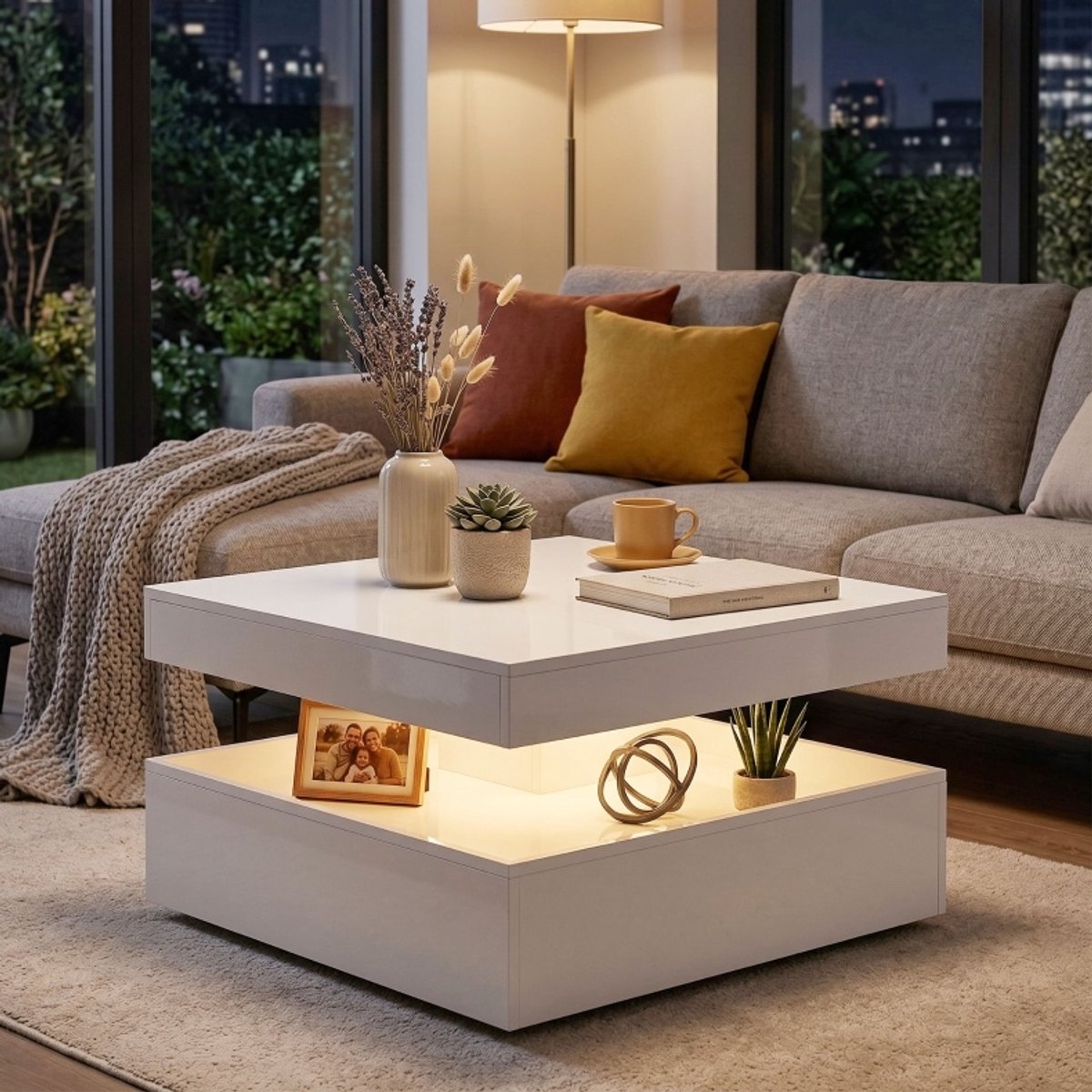 FloraGrace Salontafel - LED Met Open Opbergruimte En Afstandsbediening - Voor Woonkamer En Gamehoek - Hout - 78x78x40 Cm - Hoogglans Wit