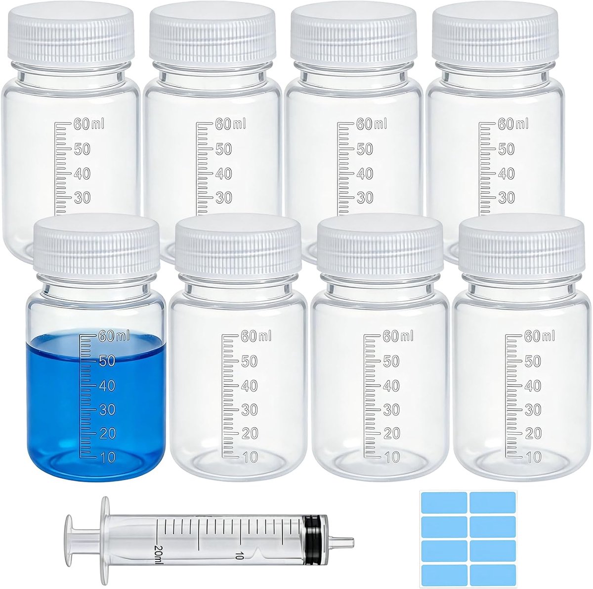 8 Stuks 60ml Kunststof Flessen met Brede Hals met Schaalverdeling, Transparant Lege Laboratoriumfles, Breedhalsfles Lekvrij voor Laboratorium, Keuken, Pillflessen, Watermonsterflessen