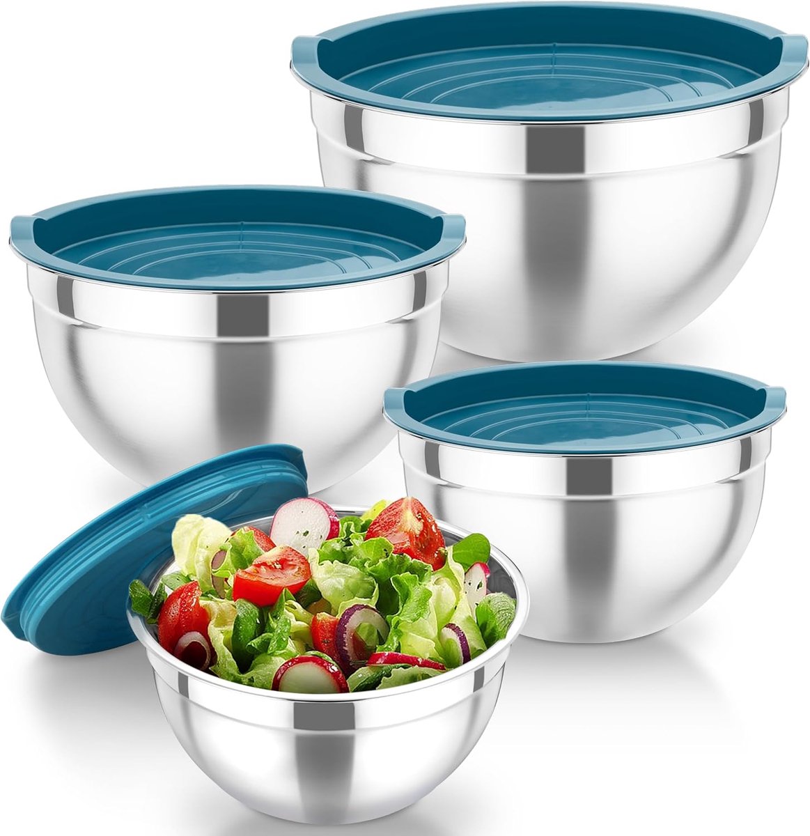 Mengkom met deksel, roestvrijstalen kom, slakom, 4-delige set, 4,5/3/1,5/1,2 l kommenset voor keuken, stapelbaar, vaatwasmachinebestendig, blauw