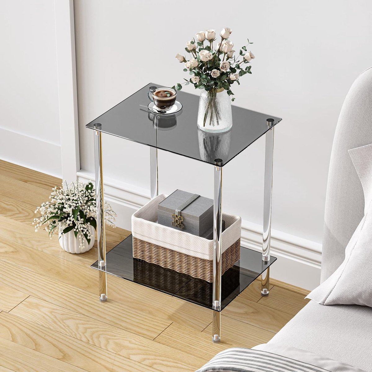 Bijzettafel van glas, rechthoekig nachtkastje, transparante glazen tafel, mobiele salontafel, 2 planken, glazen plank, woonkamer, LET518BK