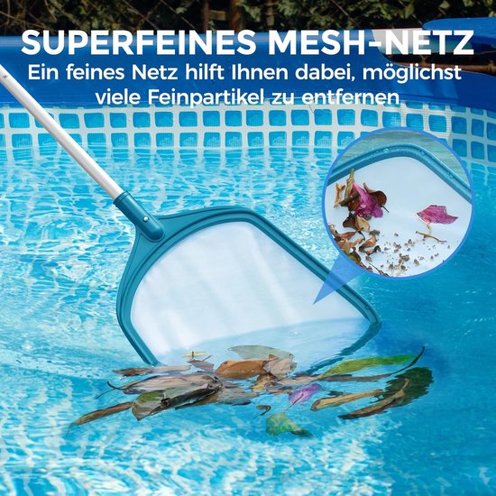 Zwembadschepnet, 145,5 cm, fijn mazig - Met stail, 1,15 m lange aluminium stang, oppervlakteschepnet met 4 stangen voor zwembad, algen en vijver — afbeelding 3