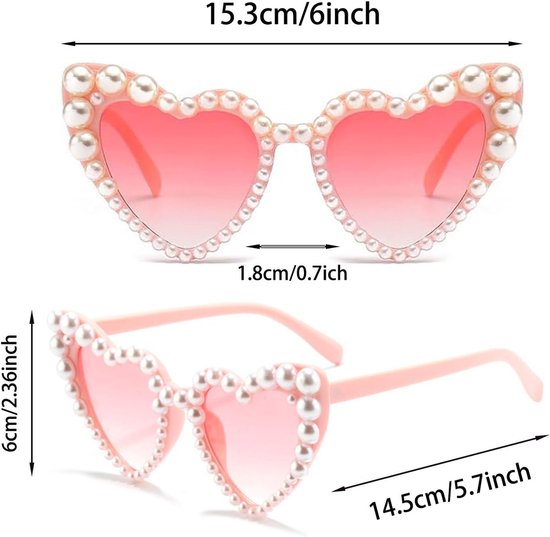 1 x hartbril voor dames, retro zonnebril, hart, montuur met parels, bril, zonnebril met hart, voor reizen voor vrouwen, zomerfeesten (roze) — afbeelding 3