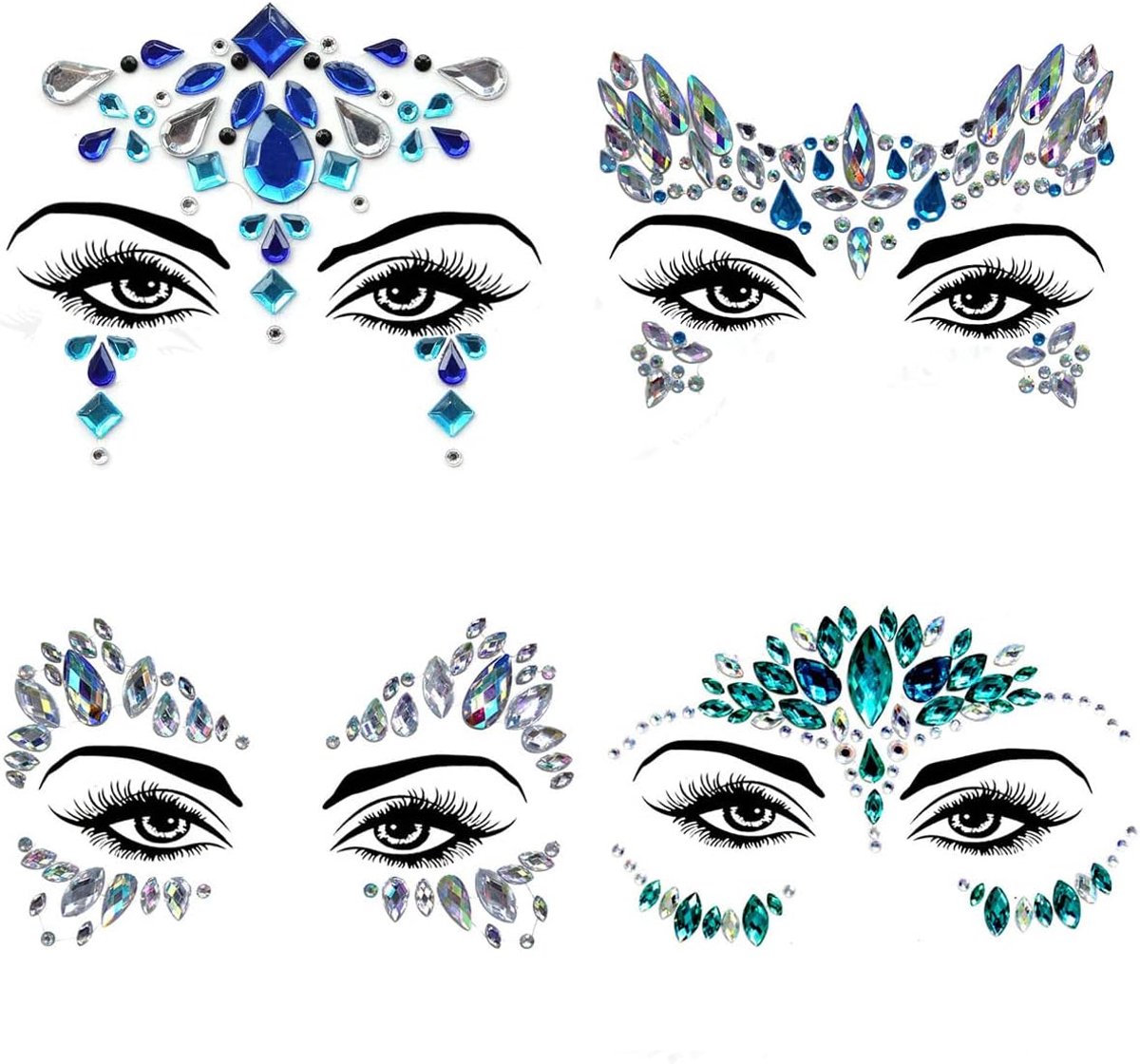 Sticker, 4pcs Gezicht Gems, Gemstone Face Glitter, Zelfklevende Lichaam Gem Stickers, Crystal Jewelry Rhinestones voor Vrouwen Rave Festival