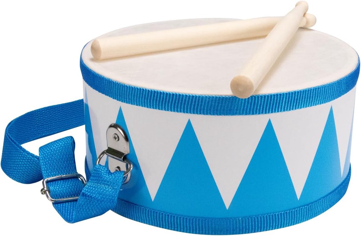Trommel voor kinderen blauw-wit muziekinstrument van hout met draagriem en sticks D: 20 cm - 3845